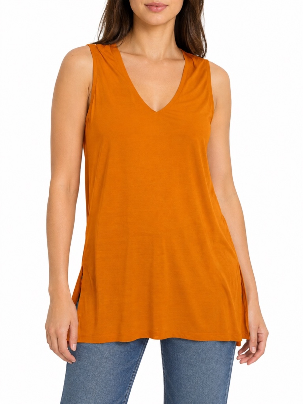 Eileen Fisher System Silk Tunic Top Women L Orange Sleeveless Side Slits Fall